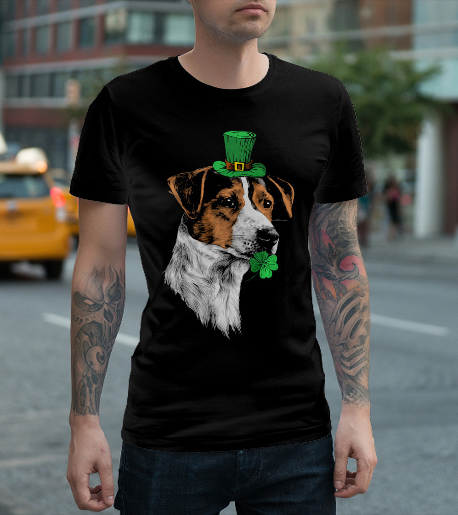Jack Russell Terrier With Leprechaun Hat And Shamrock St Patrick's Day T-Shirt