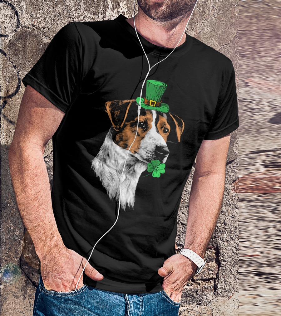 Jack Russell Terrier With Leprechaun Hat And Shamrock St Patrick's Day T-Shirt