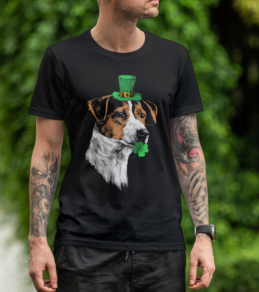 Jack Russell Terrier With Leprechaun Hat And Shamrock St Patrick's Day T-Shirt