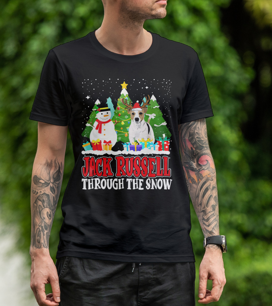 Jack Russell Through The Snow Christmas Reindeer Hat Snowman Trees Gifts T-Shirt