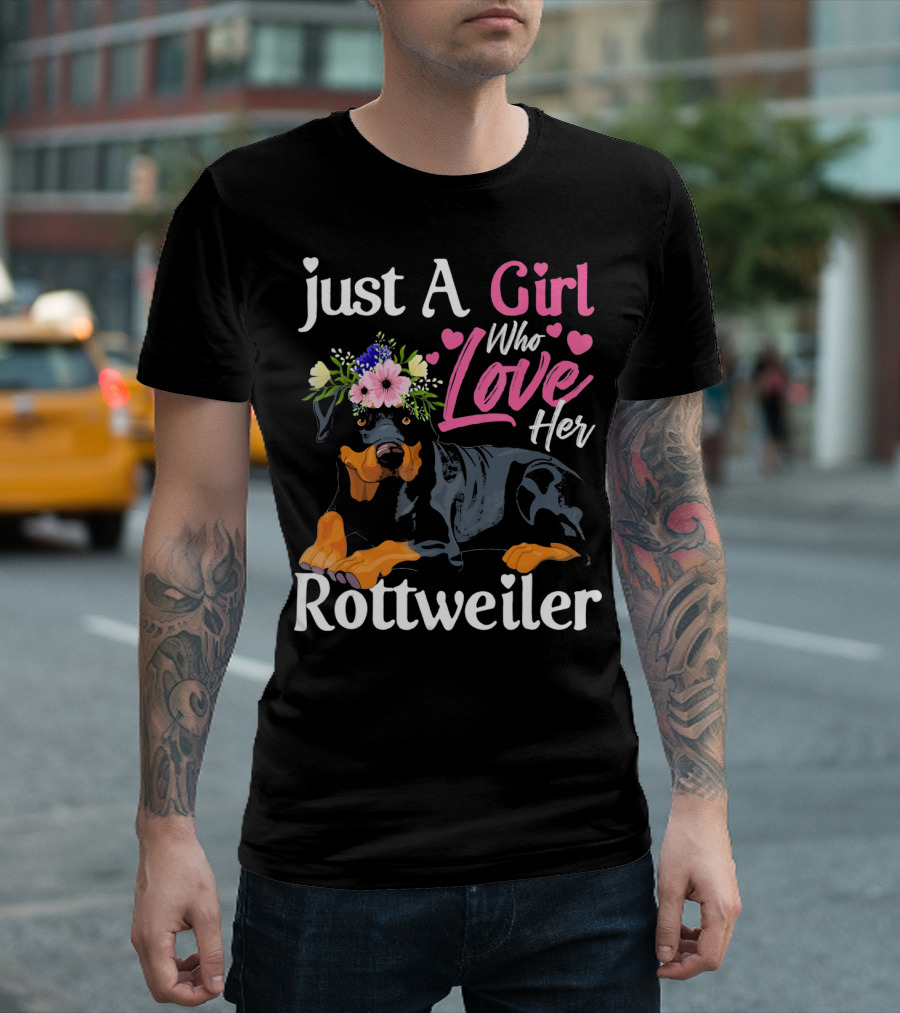 Just A Girl Who Loves Her Rottweiler With Floral Crown and Heart Accents T-Shirt