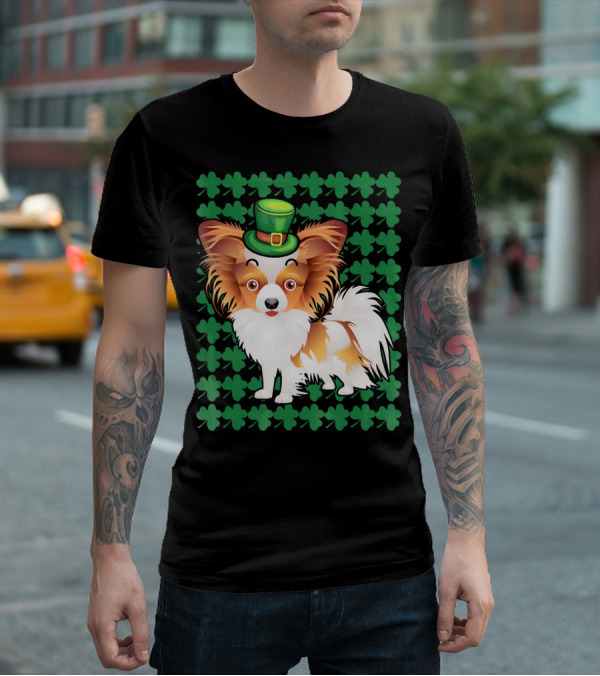 Papillon Dog In Leprechaun Hat Surrounded By Clover T-Shirt