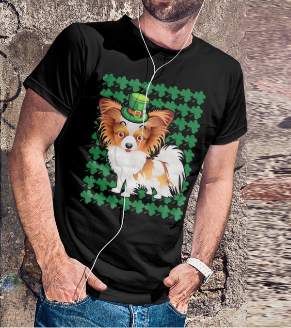 Papillon Dog In Leprechaun Hat Surrounded By Clover T-Shirt