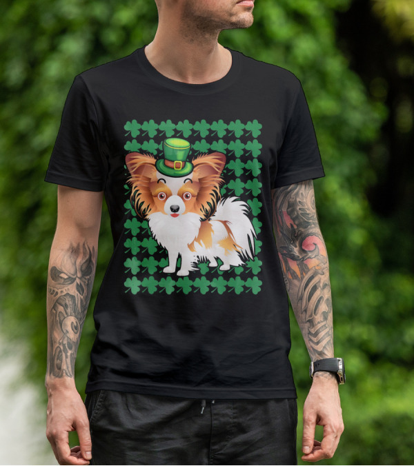 Papillon Dog In Leprechaun Hat Surrounded By Clover T-Shirt
