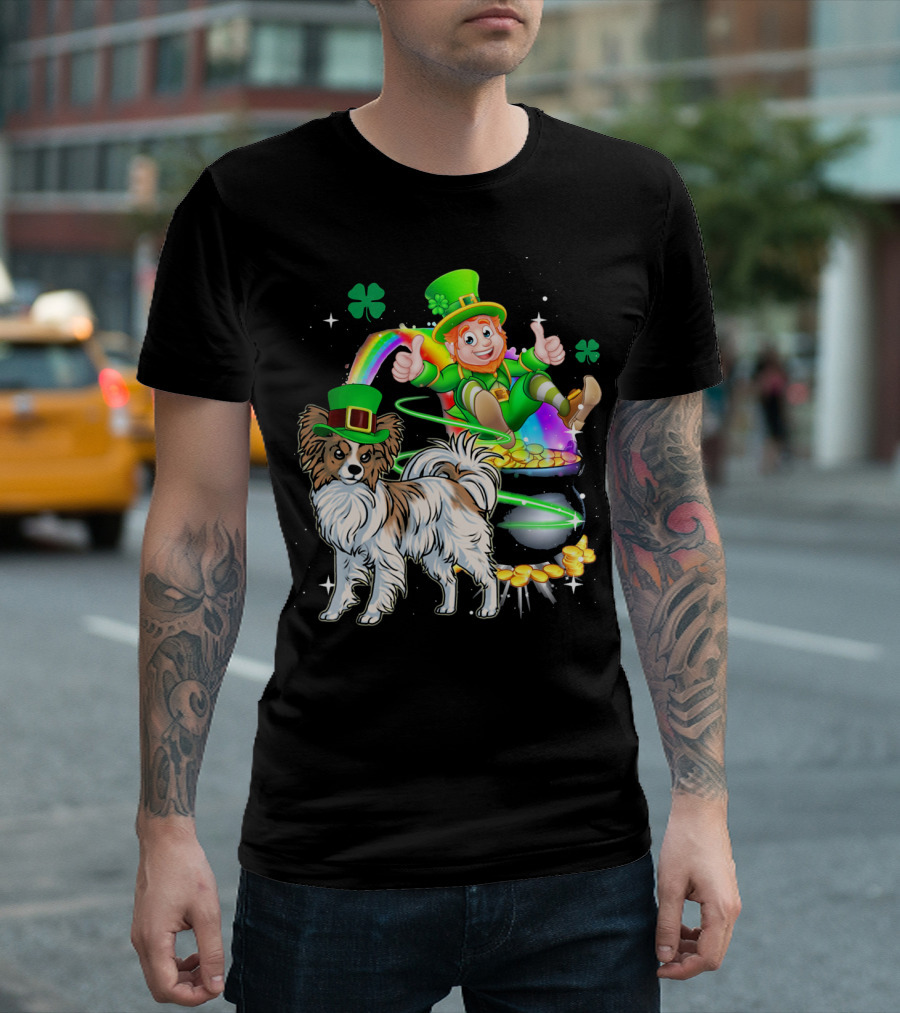 Leprechaun Papillon Clover Rainbow Gold Coins And Pot T-Shirt