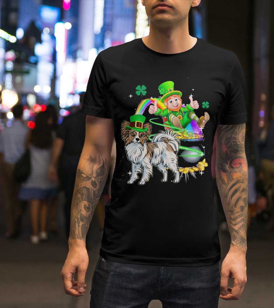 Leprechaun Papillon Clover Rainbow Gold Coins And Pot T-Shirt