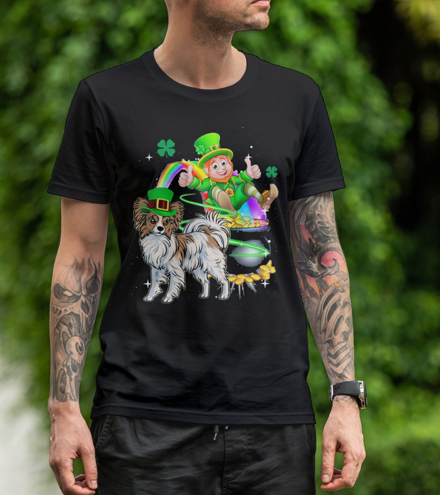 Leprechaun Papillon Clover Rainbow Gold Coins And Pot T-Shirt