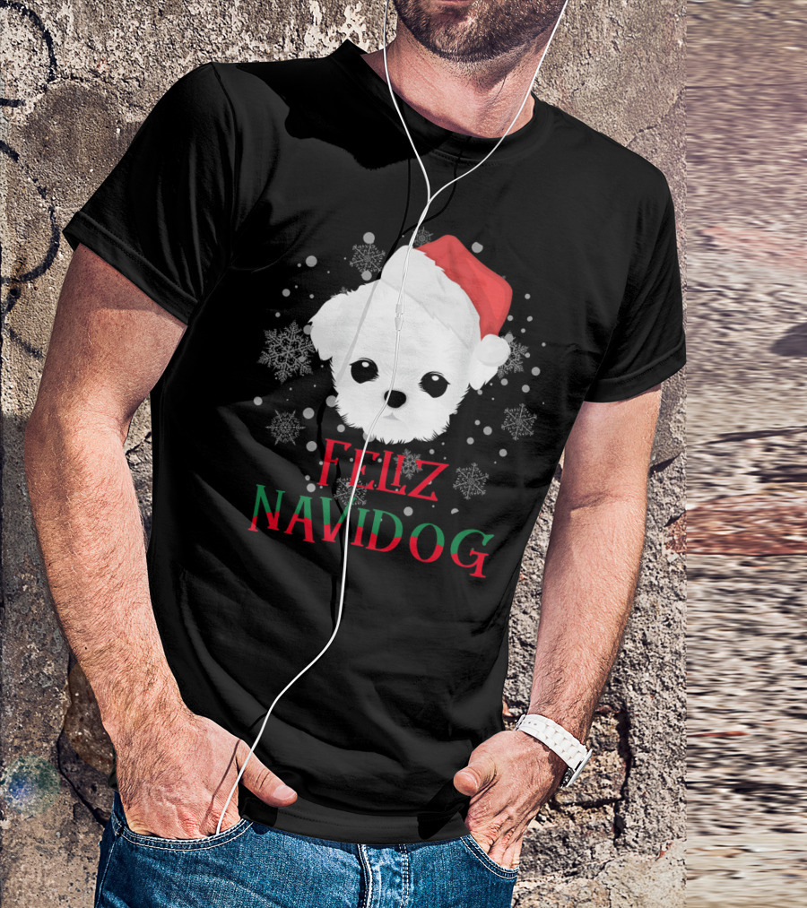 Feliz Navidog Maltese Dog Christmas Santa Hat Snowflakes T-Shirt