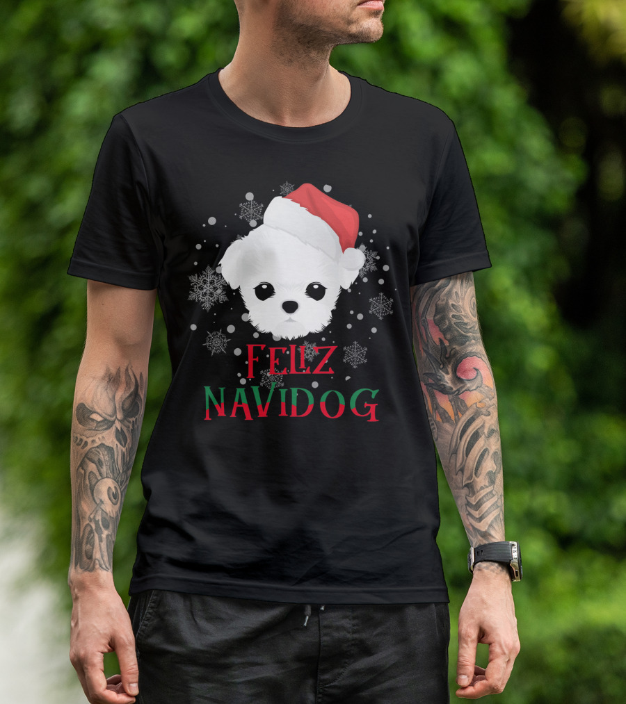 Feliz Navidog Maltese Dog Christmas Santa Hat Snowflakes T-Shirt