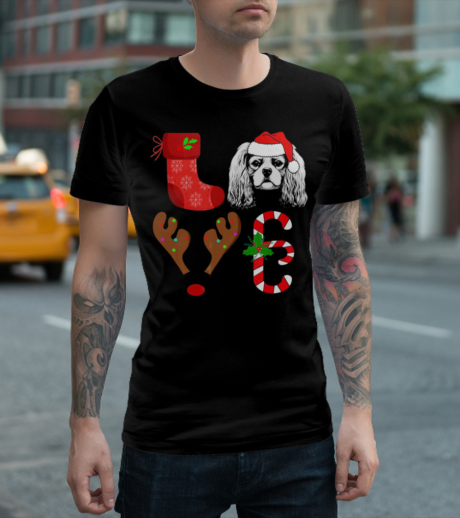 Love Cavalier King Charles Spaniel Santa Reindeer Candy Cane Stocking T-Shirt