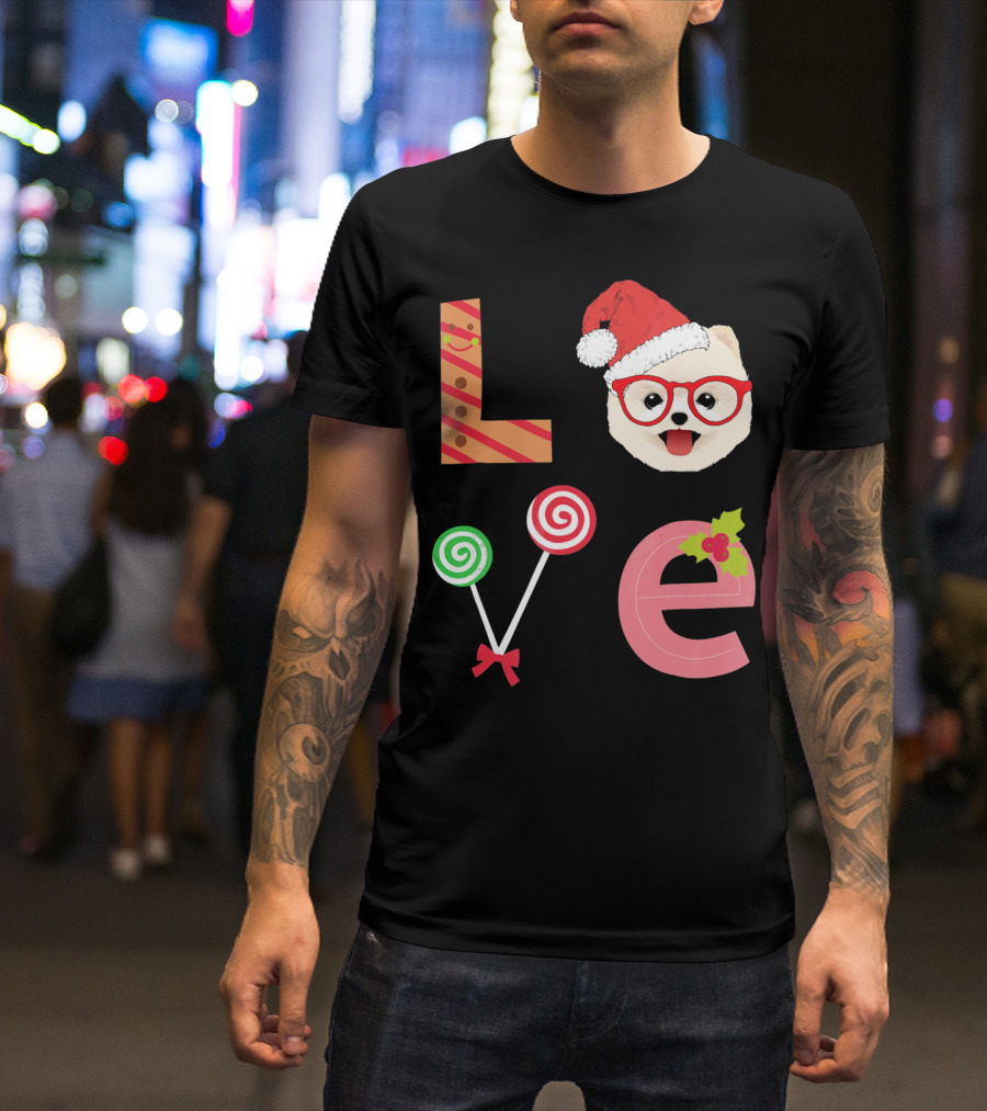 Love Pomeranian Santa Christmas Dog Candy Cane Glasses T-Shirt