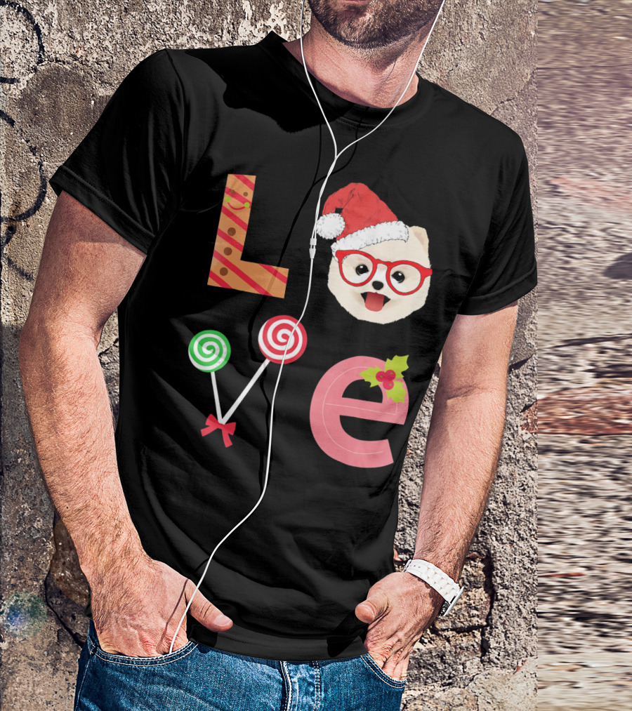 Love Pomeranian Santa Christmas Dog Candy Cane Glasses T-Shirt