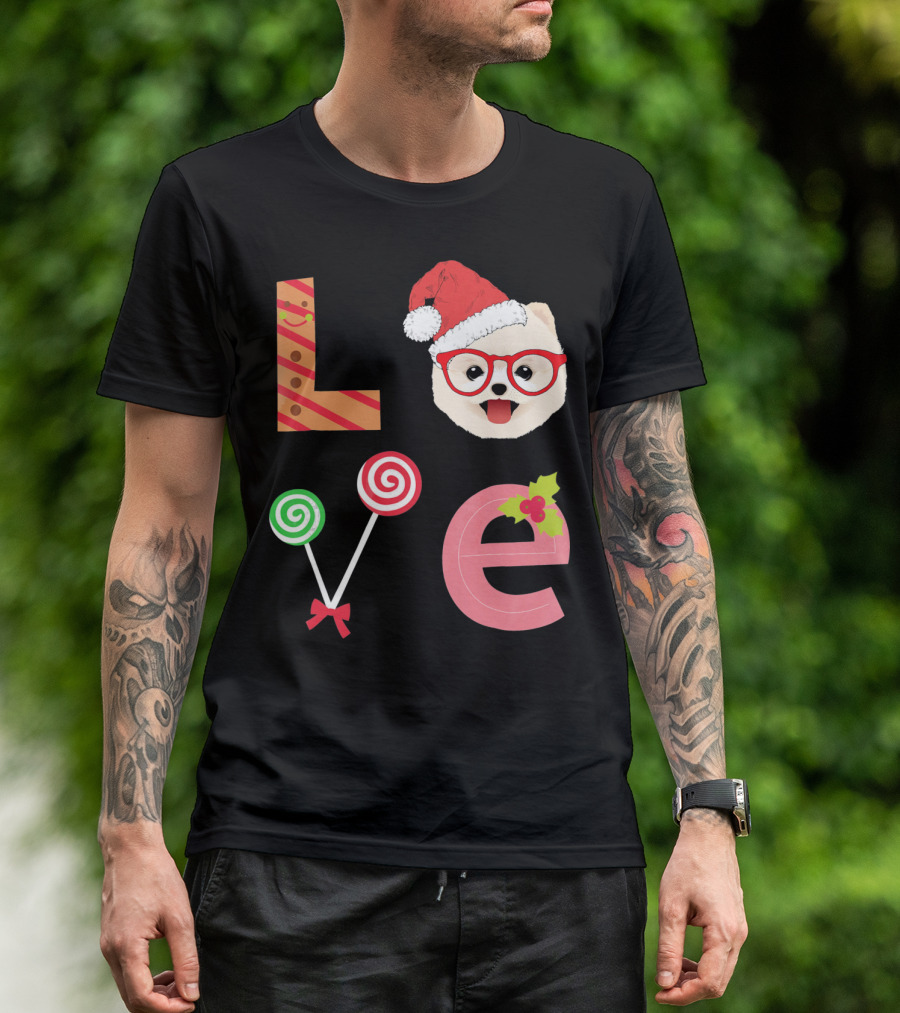 Love Pomeranian Santa Christmas Dog Candy Cane Glasses T-Shirt