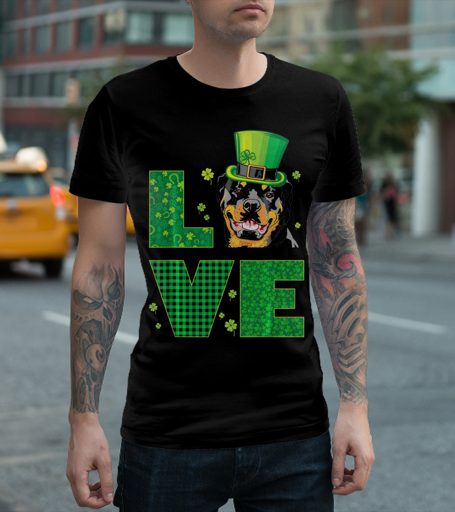 Love Rottweiler St. Patrick's Day Hat Green Shamrock Leaf T-Shirt