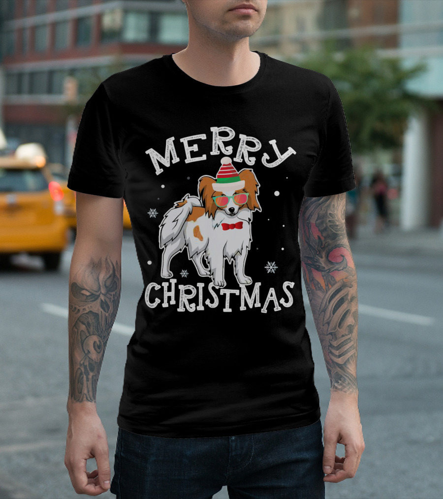 Merry Christmas Papillon Noel Hat Bowtie Snowflakes T-Shirt