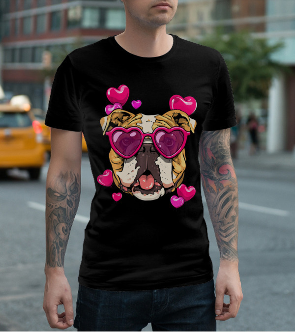 American Bulldog Heart Sunglasses Pink Hearts Valentine's Day T-Shirt
