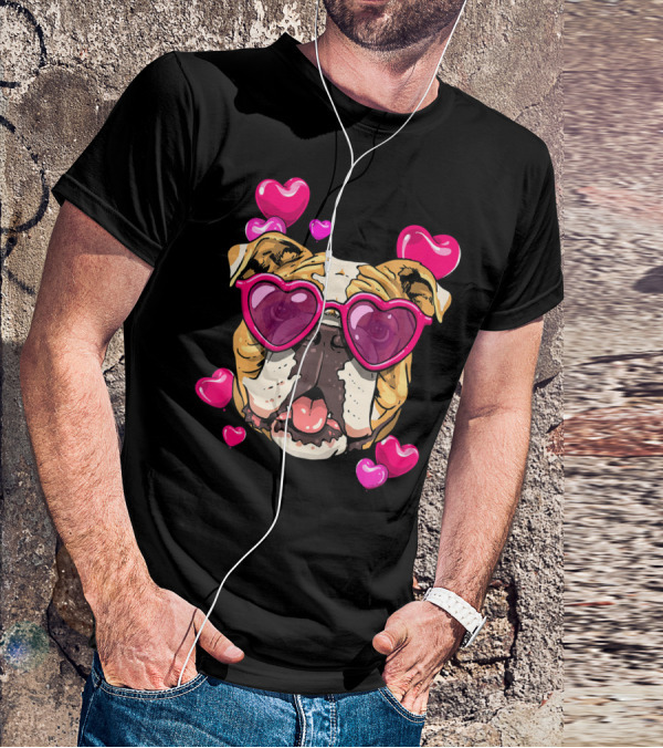 American Bulldog Heart Sunglasses Pink Hearts Valentine's Day T-Shirt