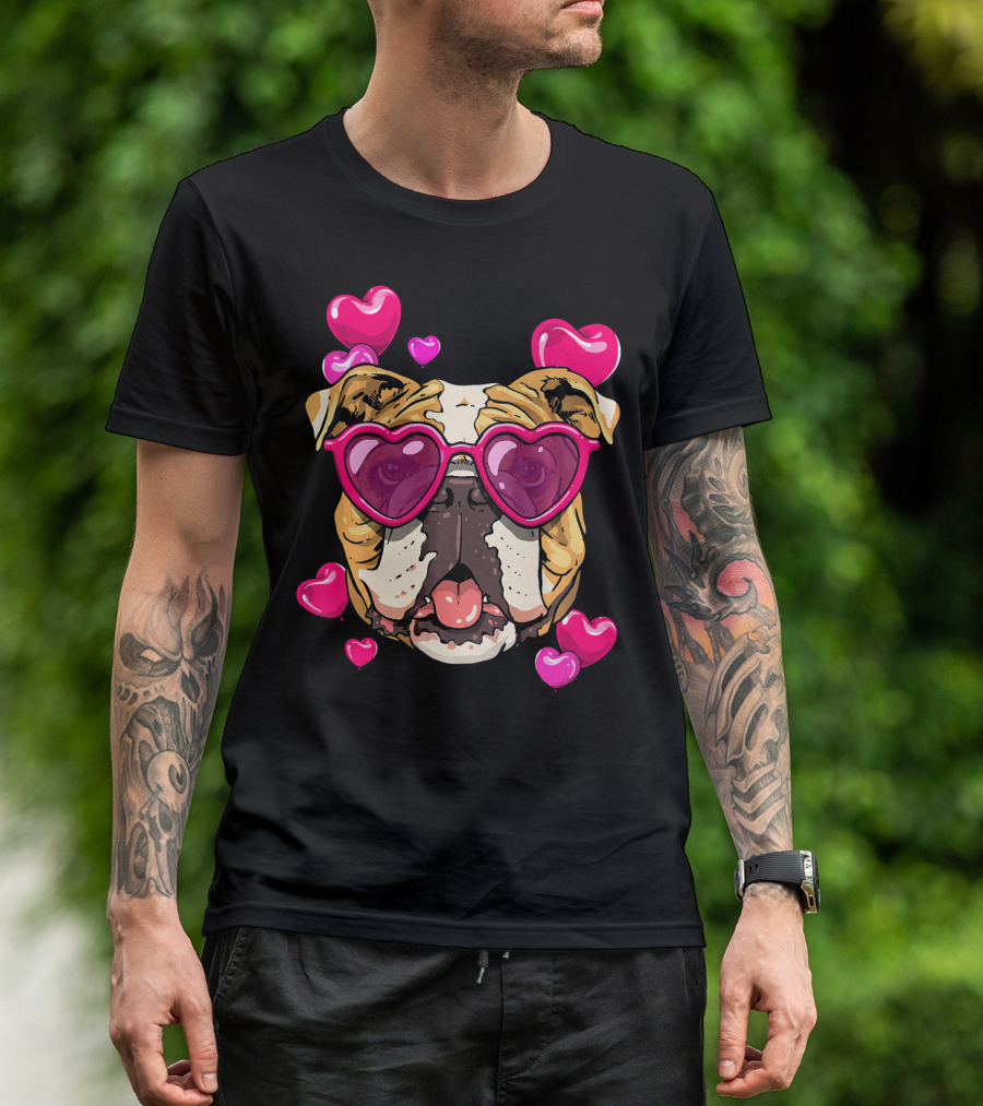 American Bulldog Heart Sunglasses Pink Hearts Valentine's Day T-Shirt