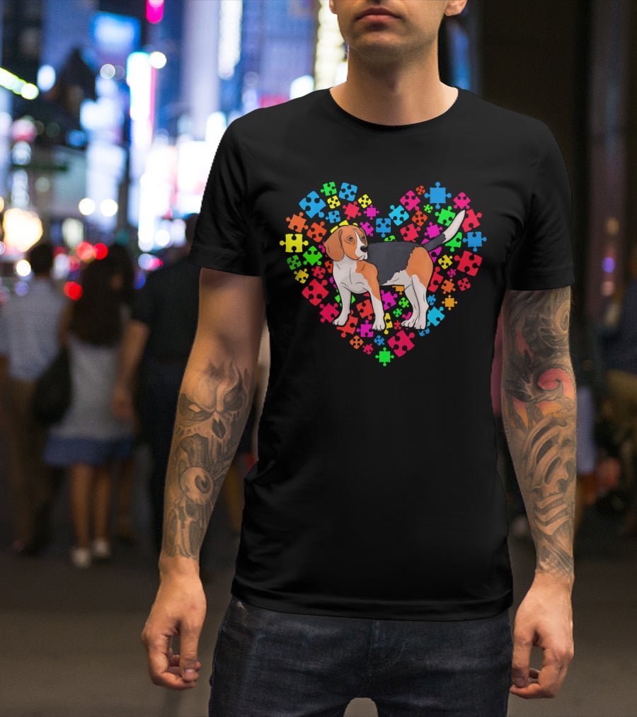 Autism Awareness Beagle Dog Colorful Puzzle Heart T-Shirt