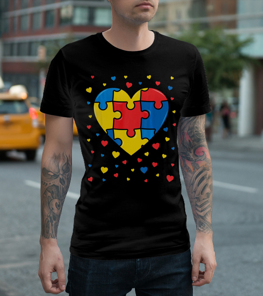 Autism Awareness Heart Puzzle Valentines Day Multicolor Love T-Shirt