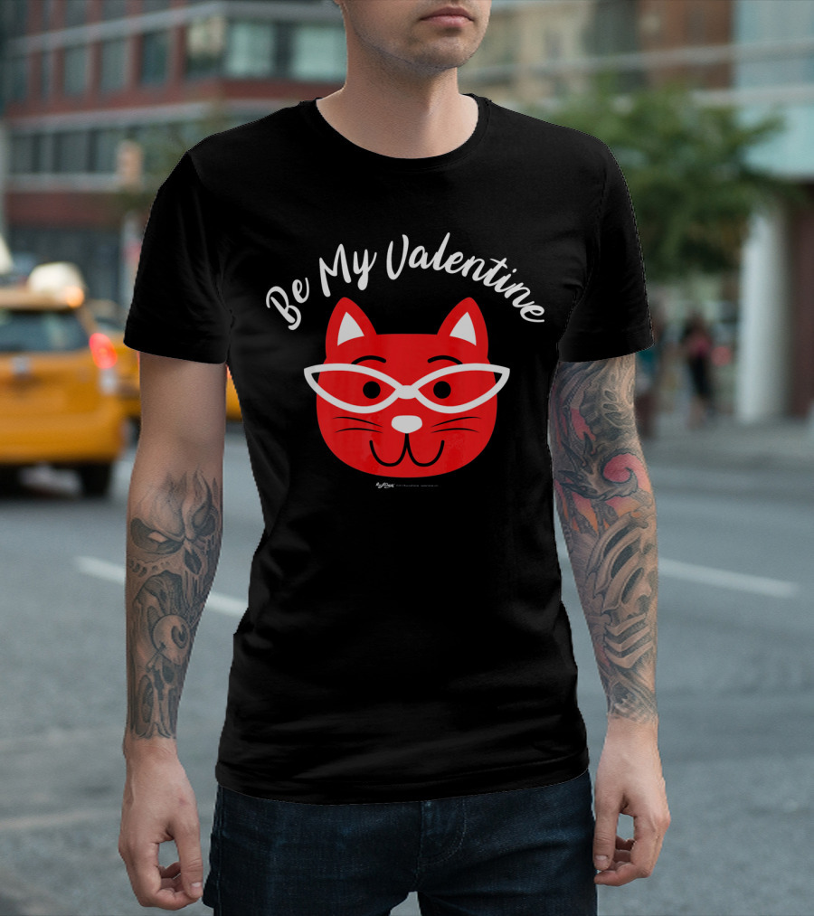 Be My Valentine Valentines Day Cat Drawing with Glasses T-Shirt