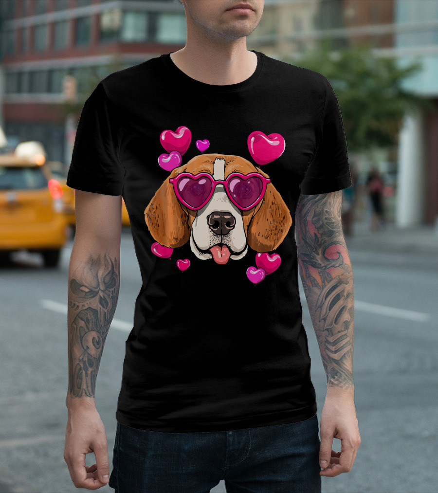 Beagle With Heart Sunglasses Surrounded By Pink Hearts Valentines Day Dog T-Shirt