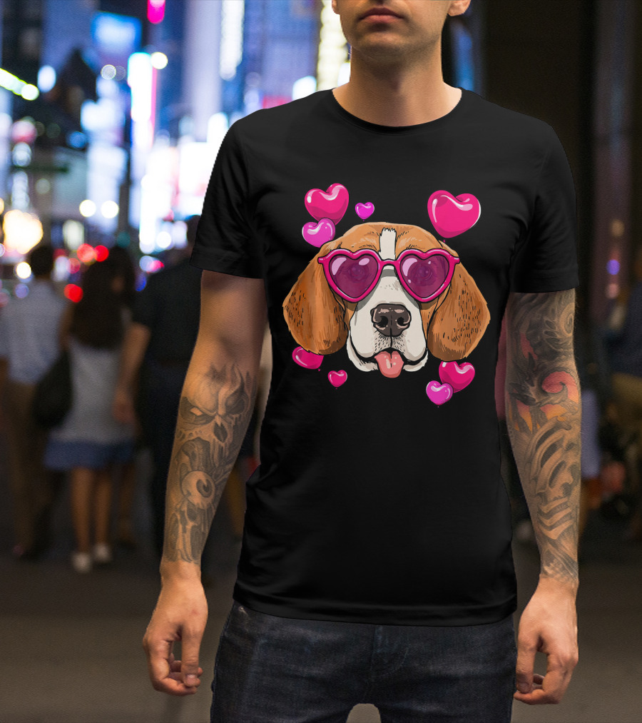 Beagle With Heart Sunglasses Surrounded By Pink Hearts Valentines Day Dog T-Shirt