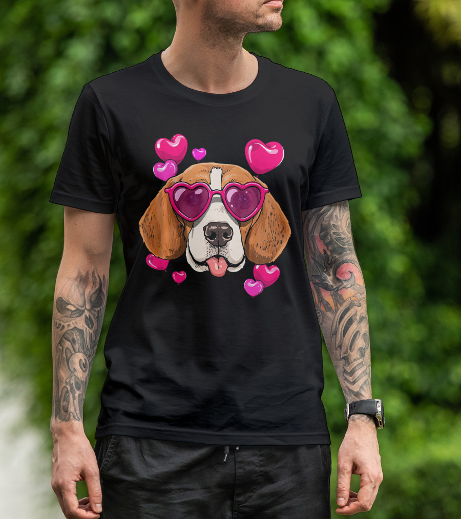 Beagle With Heart Sunglasses Surrounded By Pink Hearts Valentines Day Dog T-Shirt
