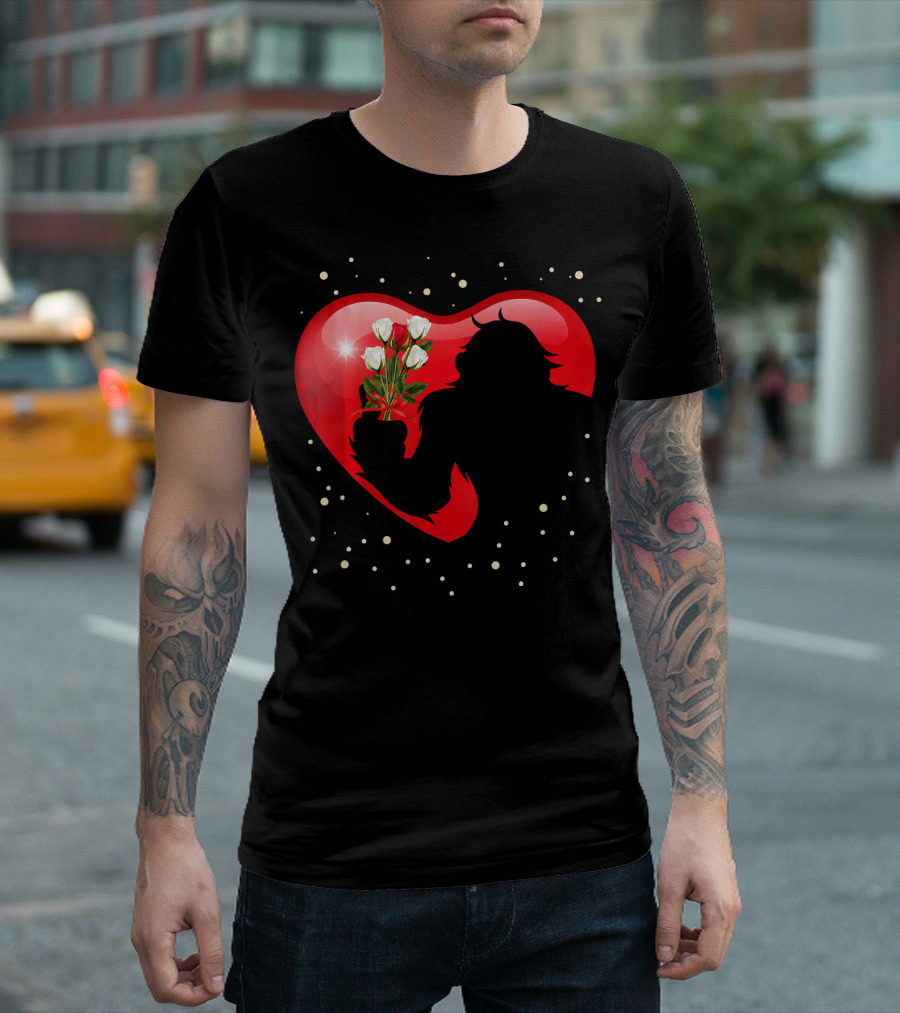 Bigfoot Red Heart White Flower Valentine's Day T-Shirt