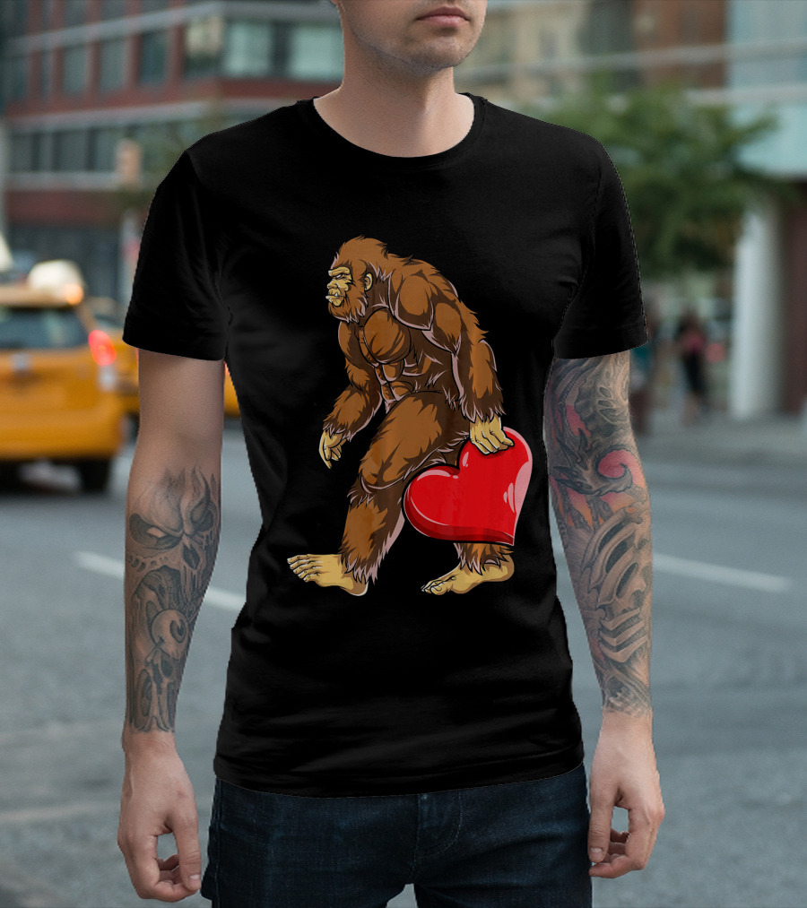 Bigfoot Carrying Heart Funny Valentine's Day T-Shirt