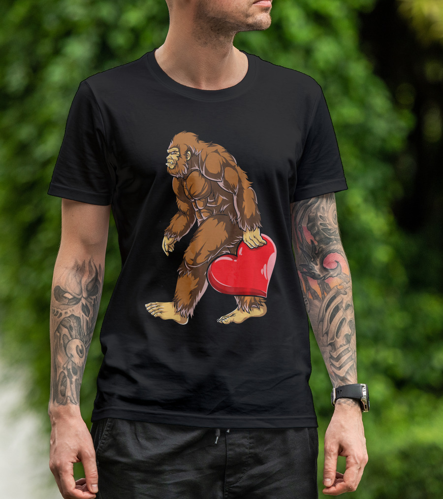 Bigfoot Carrying Heart Funny Valentine's Day T-Shirt