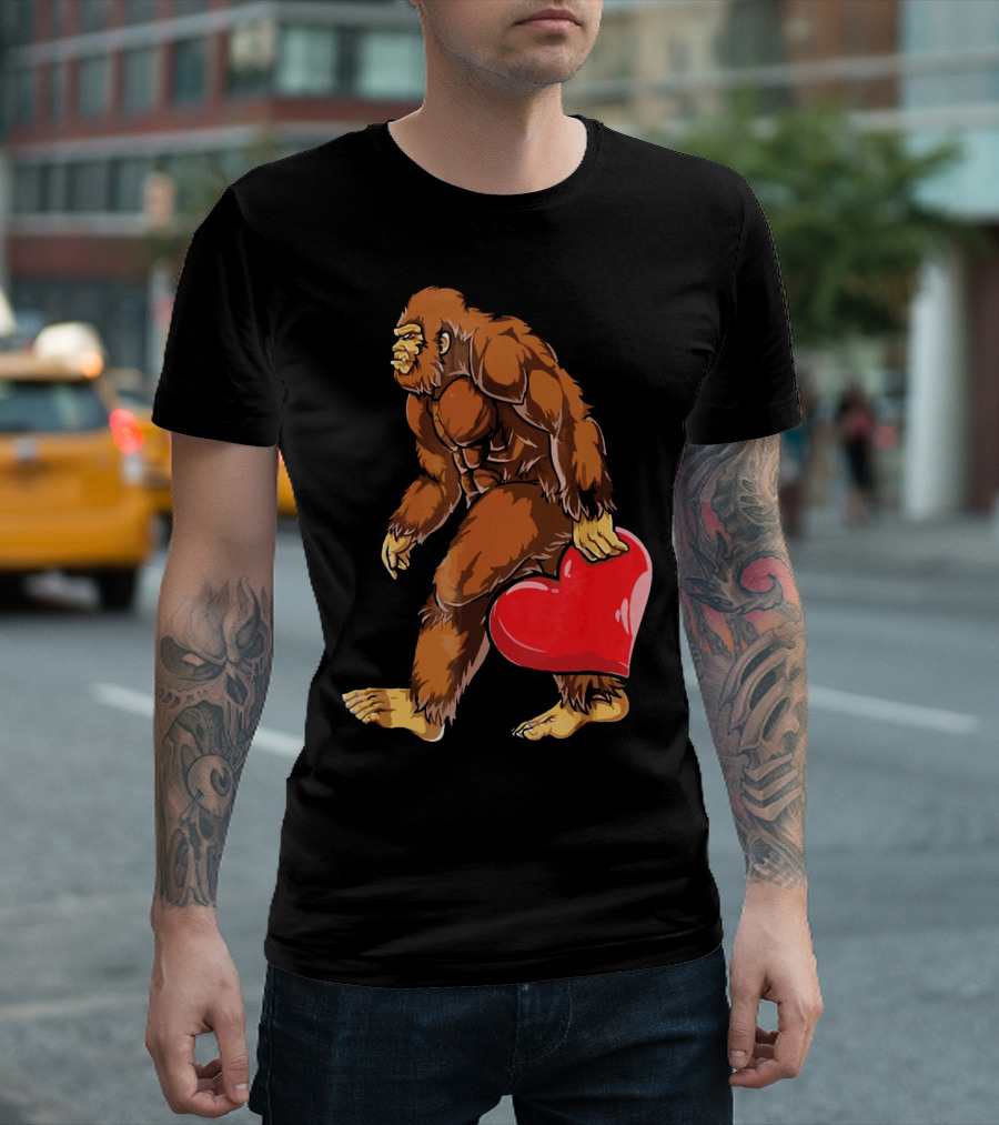 Bigfoot Holding a Red Heart for Funny Valentine's Day T-Shirt
