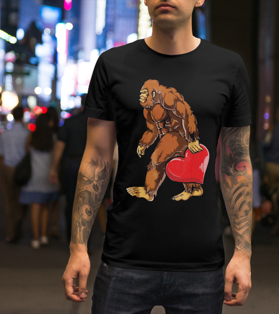 Bigfoot Holding A Red Heart For Funny Valentine's Day T-Shirt