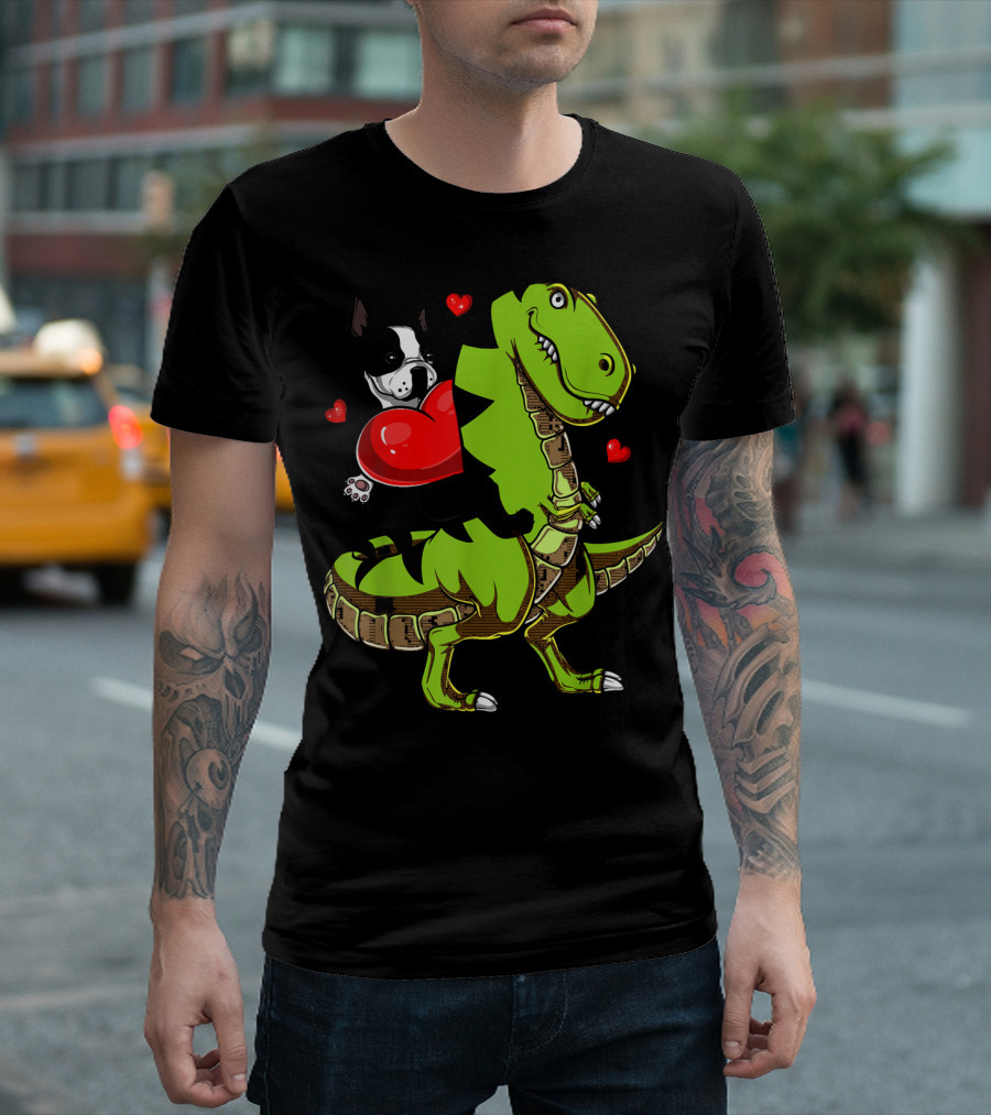 Boston Terrier With Red Hearts Riding A Green Rex Dinosaur T-Shirt