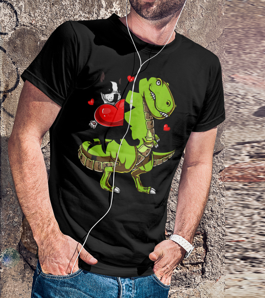 Boston Terrier With Red Hearts Riding A Green Rex Dinosaur T-Shirt