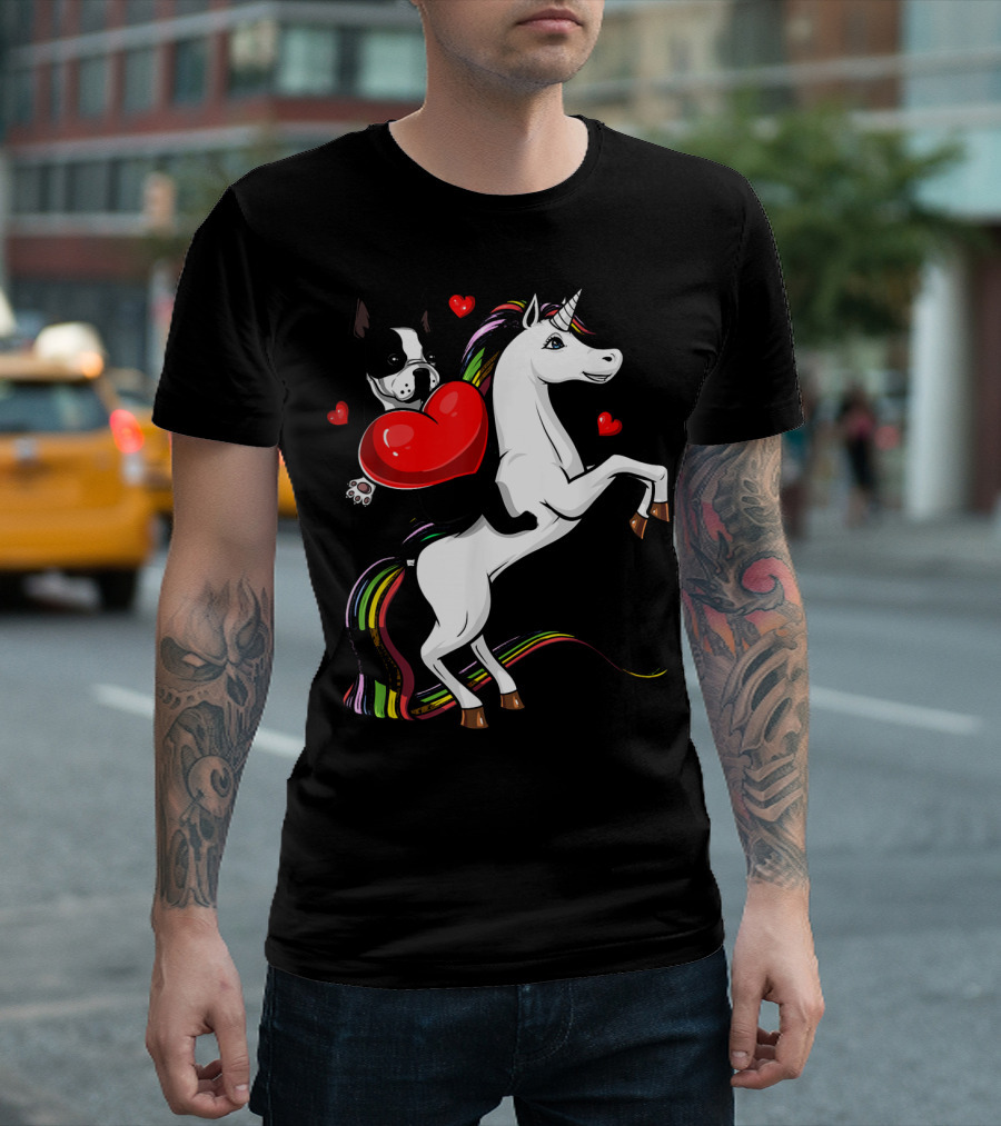 Boston Terrier Dog Holding Heart Riding Colorful Unicorn With Hearts T-Shirt