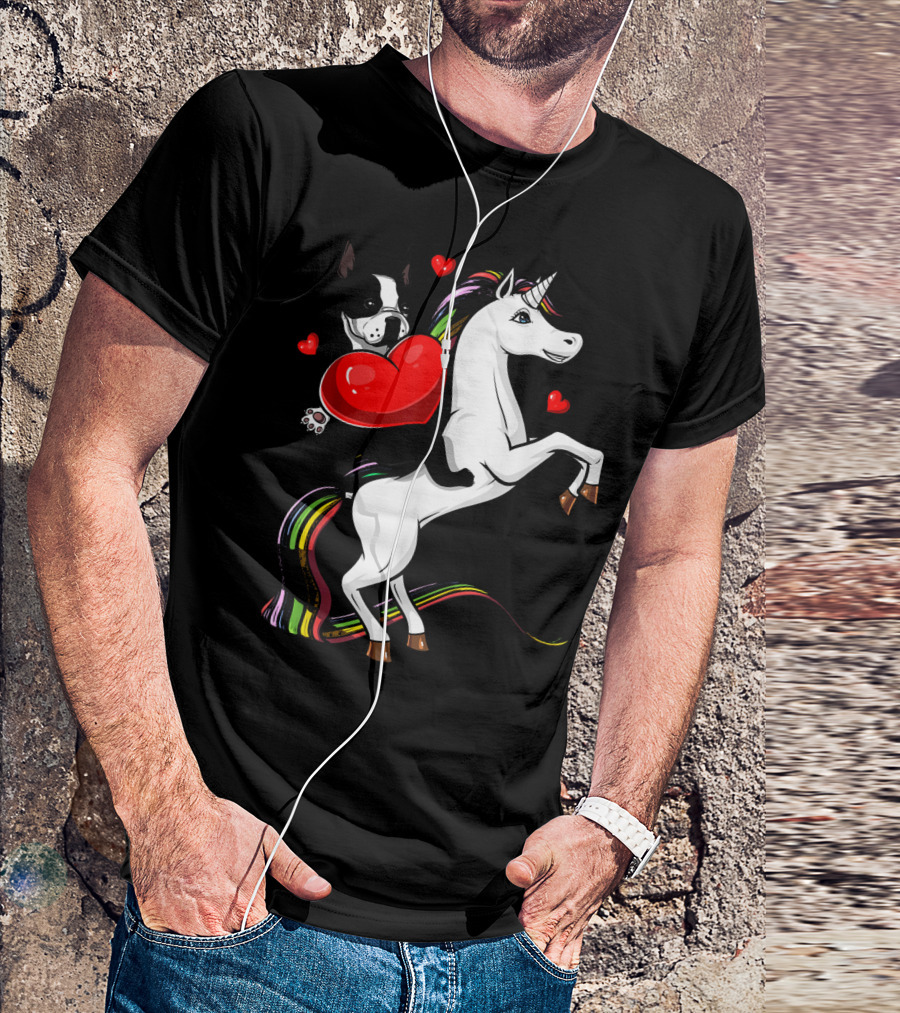 Boston Terrier Dog Holding Heart Riding Colorful Unicorn With Hearts T-Shirt