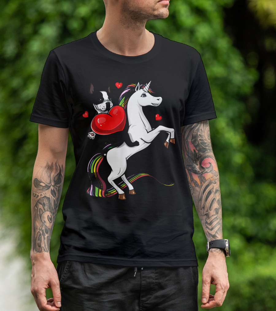 Boston Terrier Dog Holding Heart Riding Colorful Unicorn With Hearts T-Shirt