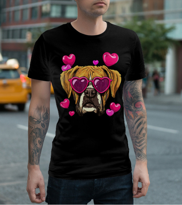 Boxer Dog With Heart Glasses Surrounded By Pink Valentine Hearts T-Shirt