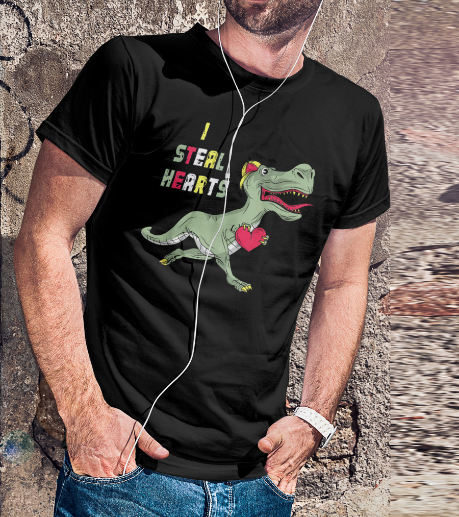 I Steal Hearts Dinosaur Holding Red Heart T-Shirt