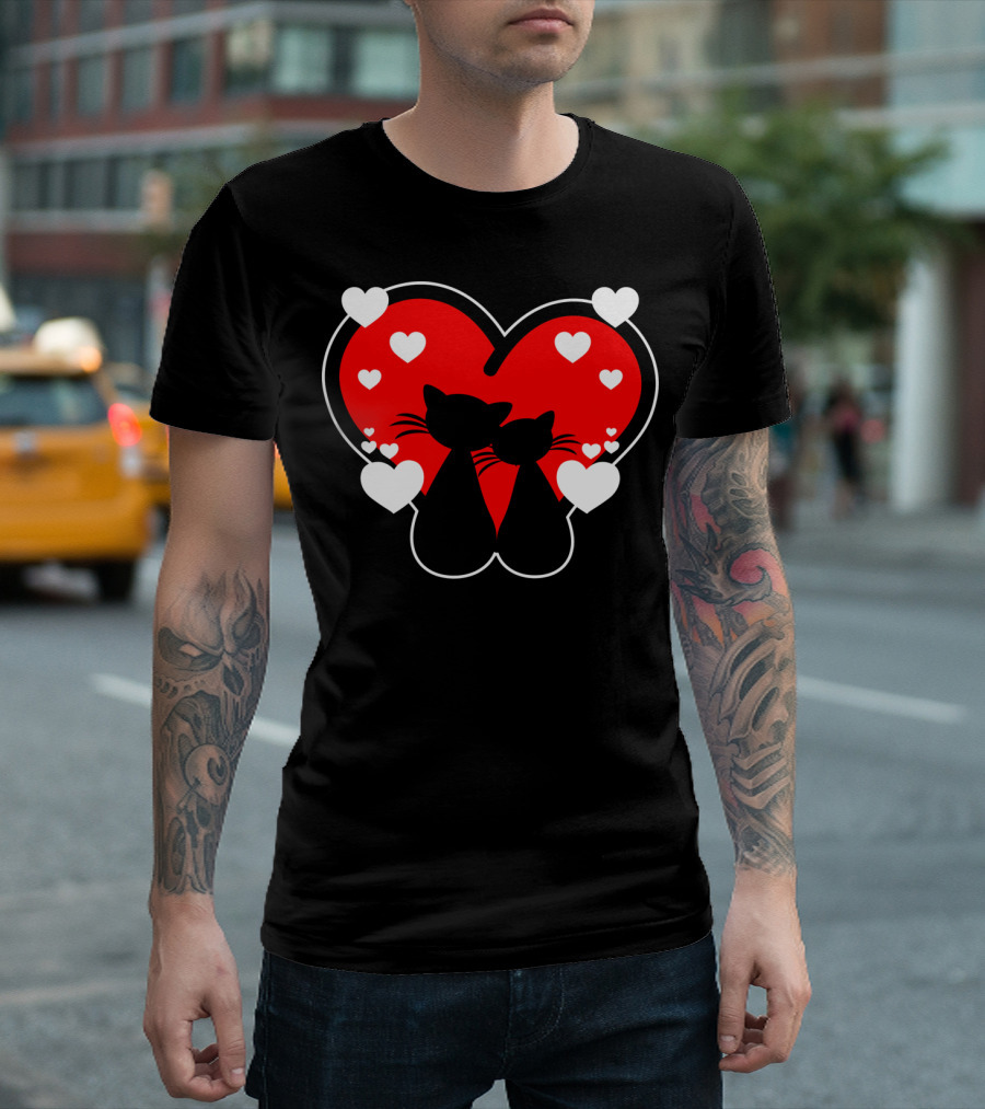 Cat Love Heart Valentines with Silhouette Cats and Hearts T-Shirt