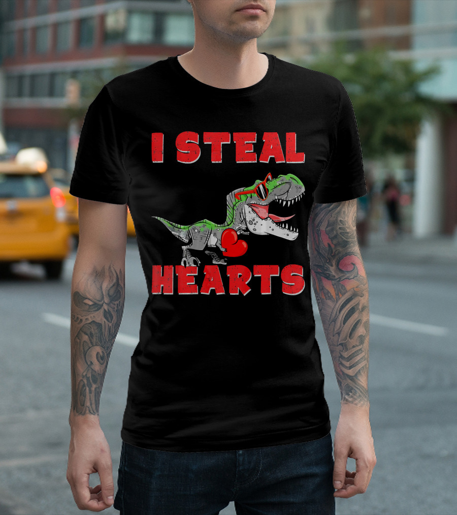 I Steal Hearts Boys Valentines Day Kids Dinosaur Trex T-Shirt