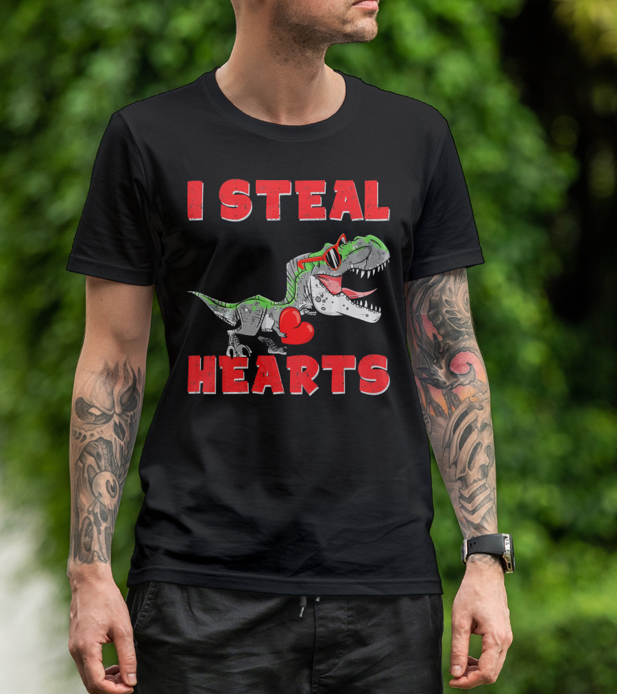 I Steal Hearts Boys Valentines Day Kids Dinosaur Trex T-Shirt