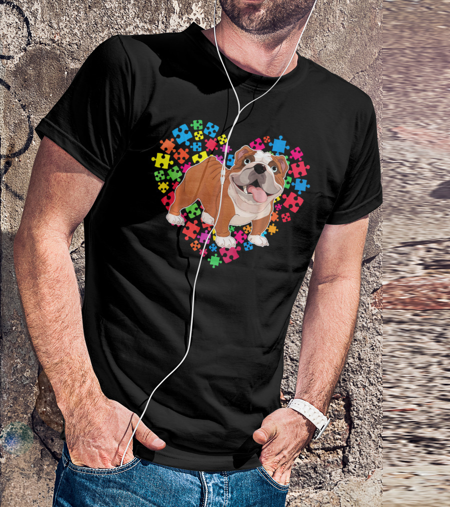 Bulldog Valentine Heart With Colorful Puzzle Pieces Background T-Shirt
