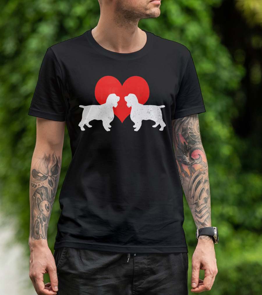 Couple English Springer Spaniel Dogs With Red Heart T-Shirt