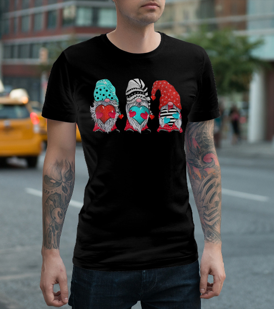 Couple Matching Outfit Gnomes Holding Hearts with Festive Hats T-Shirt