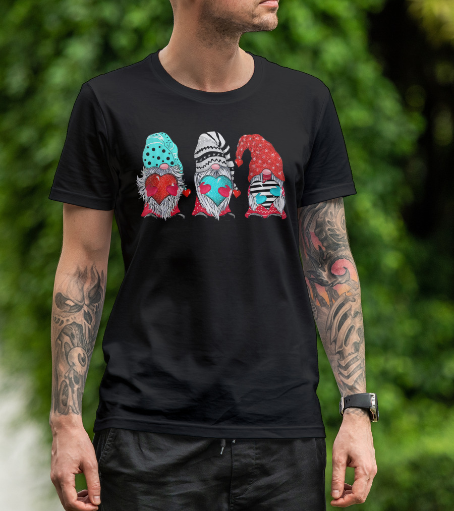 Couple Matching Outfit Gnomes Holding Hearts With Festive Hats T-Shirt