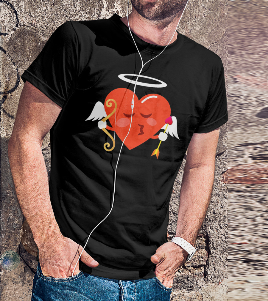 Cupid Heart Emoji Kiss Mwah Valent Winged Bow Arrow Halo T-Shirt