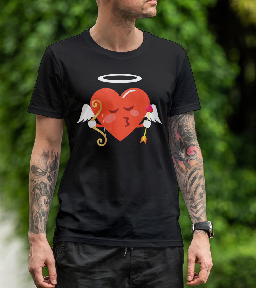 Cupid Heart Emoji Kiss Mwah Valent Winged Bow Arrow Halo T-Shirt
