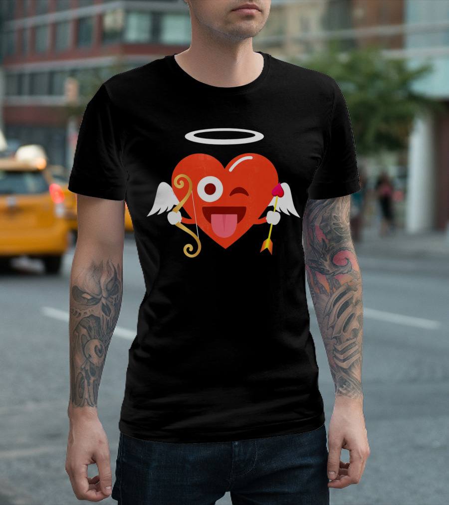 Cupid Heart Emoji Halo Wink Tongue Out Bow Arrow T-Shirt